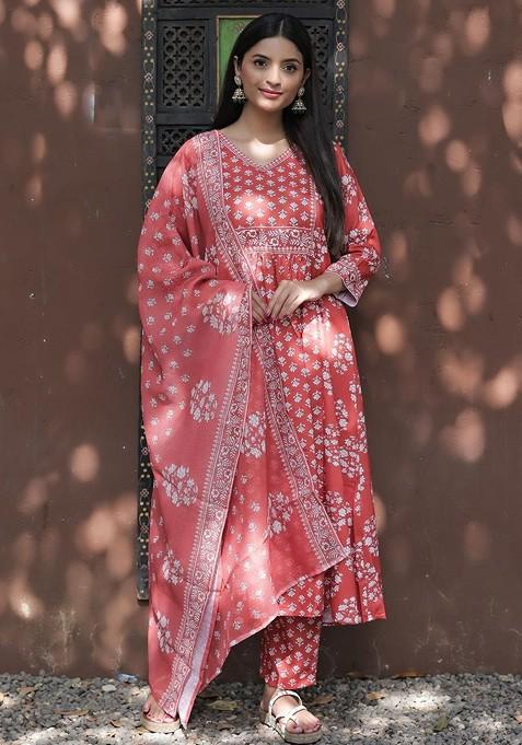 Rust Embroidered Poly Blended Kurta Sets
