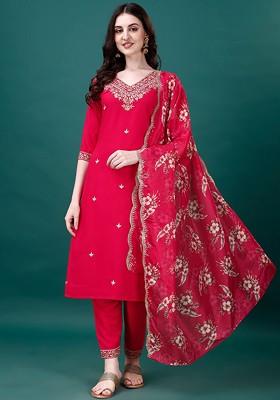 Fuchsia Embroidered Poly Blended Kurta Sets