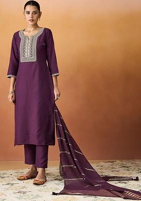 Burgundy Embroidered Poly Blended Kurta Sets