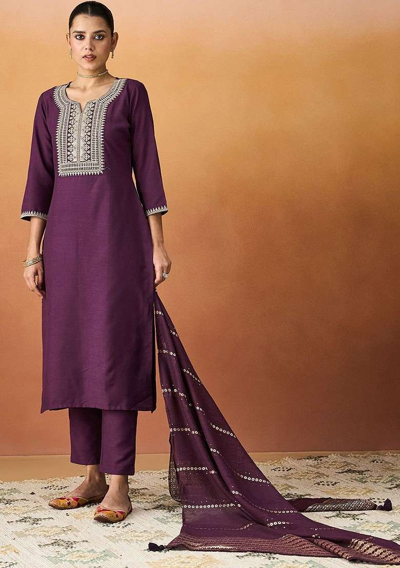 Burgundy Embroidered Poly Blended Kurta Sets - Indya