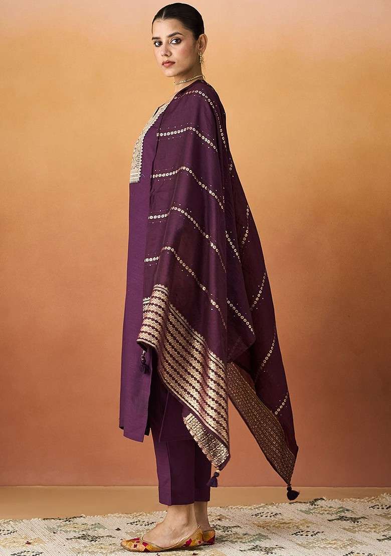 Burgundy Embroidered Poly Blended Kurta Sets - Indya