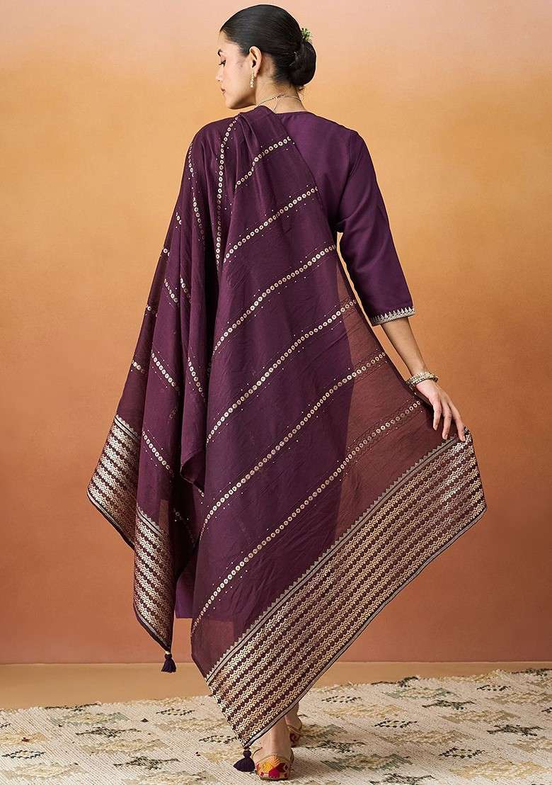Burgundy Embroidered Poly Blended Kurta Sets - Indya