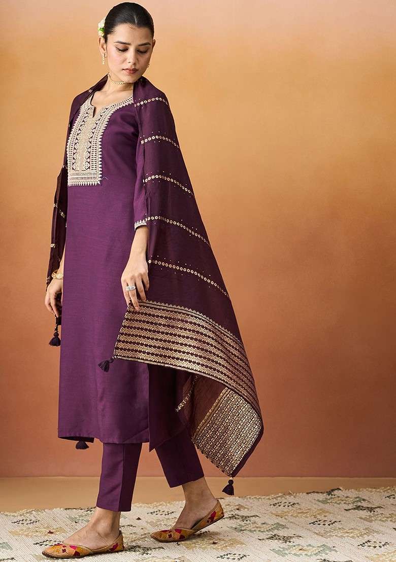 Burgundy Embroidered Poly Blended Kurta Sets - Indya