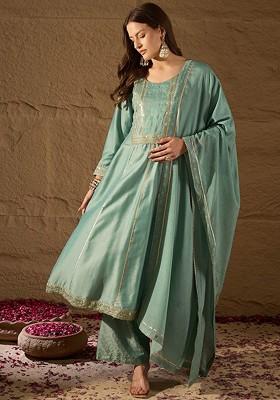 Sea Green Embroidered Poly Blended Kurta Sets
