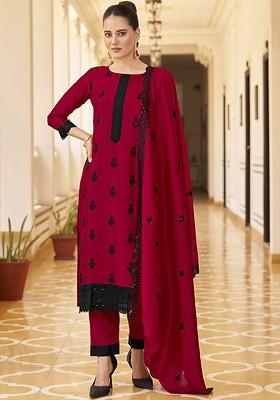 Red Embroidered Poly Blended Kurta Sets