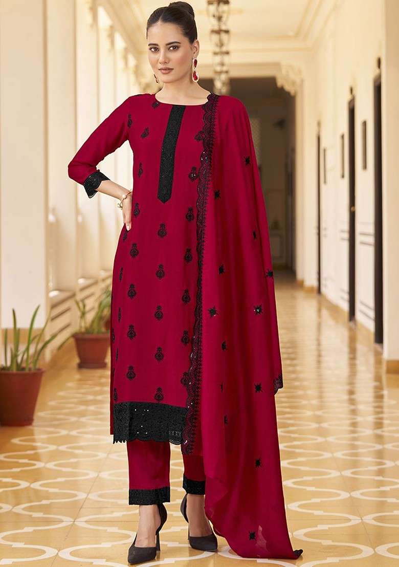 Red Embroidered Poly Blended Kurta Sets - Indya