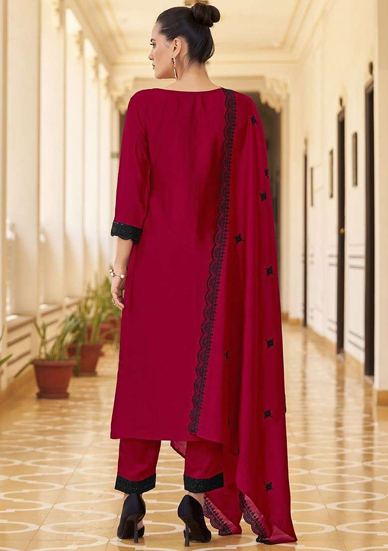 Red Embroidered Poly Blended Kurta Sets - Indya
