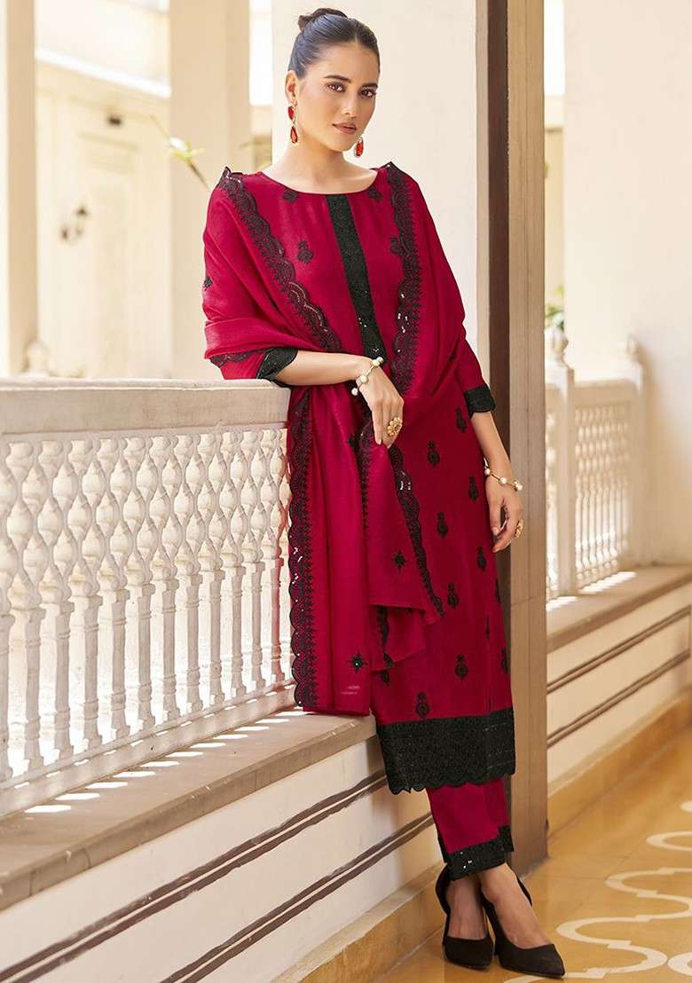 Red Embroidered Poly Blended Kurta Sets - Indya