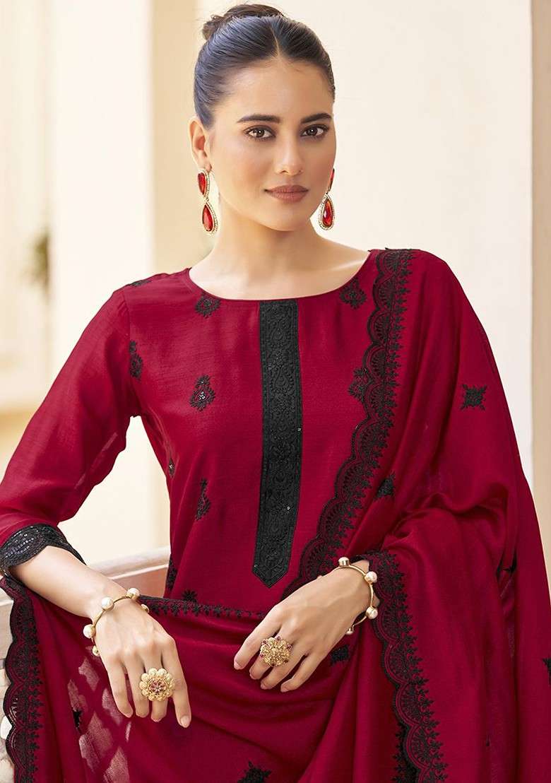 Red Embroidered Poly Blended Kurta Sets - Indya