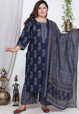 Navy Blue Embroidered Poly Blended Kurta Sets