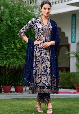 Navy Blue Embroidered Poly Blended Kurta Sets