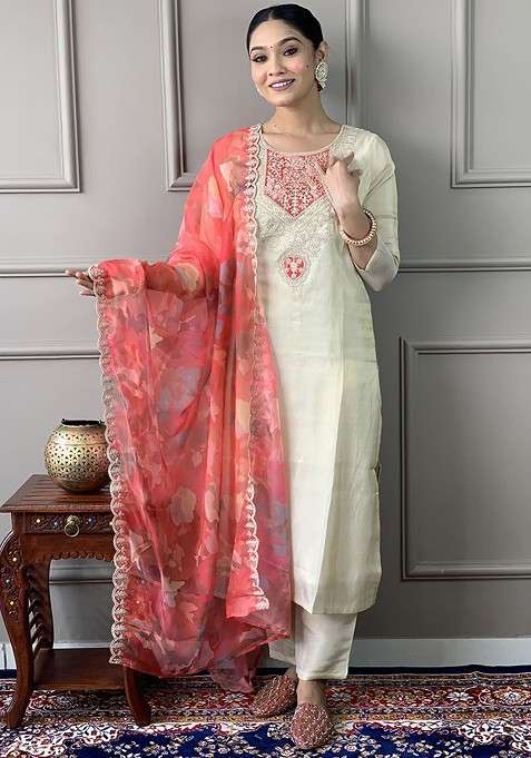 Cream Embroidered Poly Blended Kurta Sets