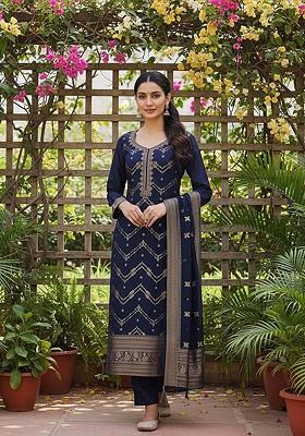 Navy Blue Embroidered Poly Blended Kurta Sets