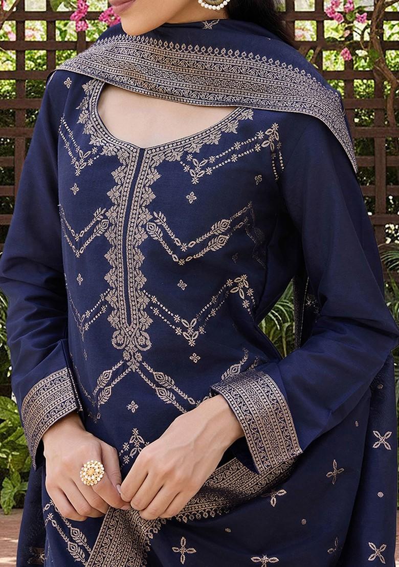 Navy Blue Embroidered Poly Blended Kurta Sets - Indya
