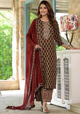 Brown Embroidered Poly Blended Kurta Sets