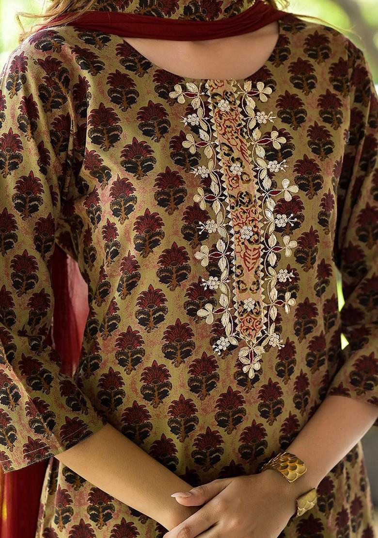 Brown Embroidered Poly Blended Kurta Sets - Indya