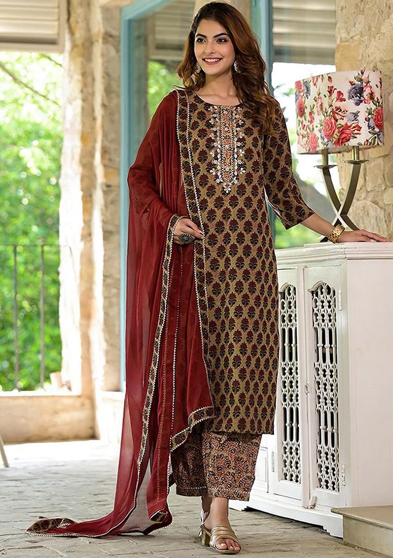 Brown Embroidered Poly Blended Kurta Sets - Indya