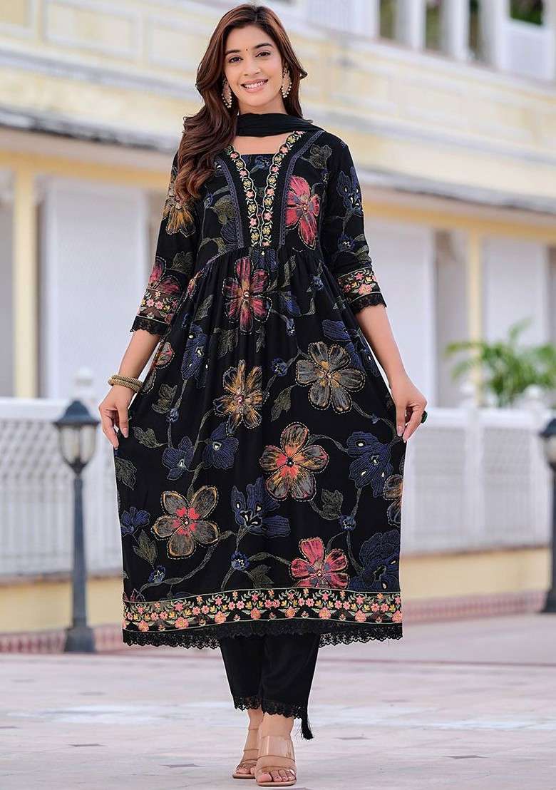 Black Embroidered Poly Blended Kurta Sets - Indya