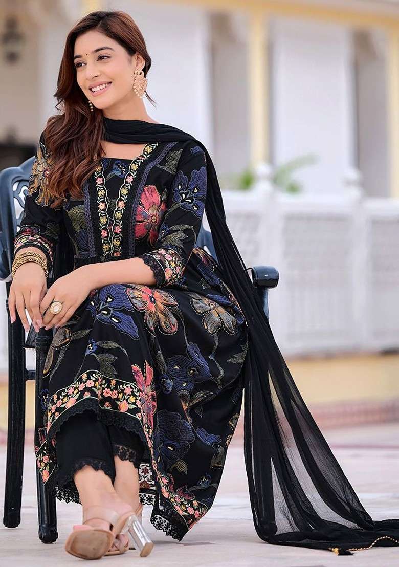 Black Embroidered Poly Blended Kurta Sets - Indya
