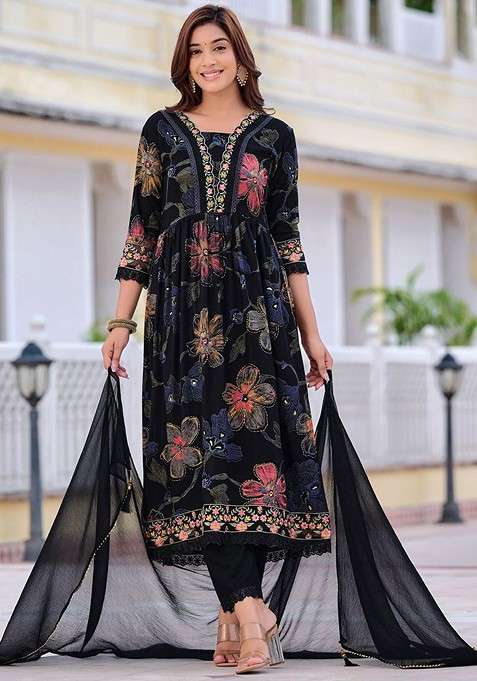 Black Embroidered Poly Blended Kurta Sets