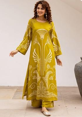 Lime Green Embroidered Poly Blended Kurta Sets