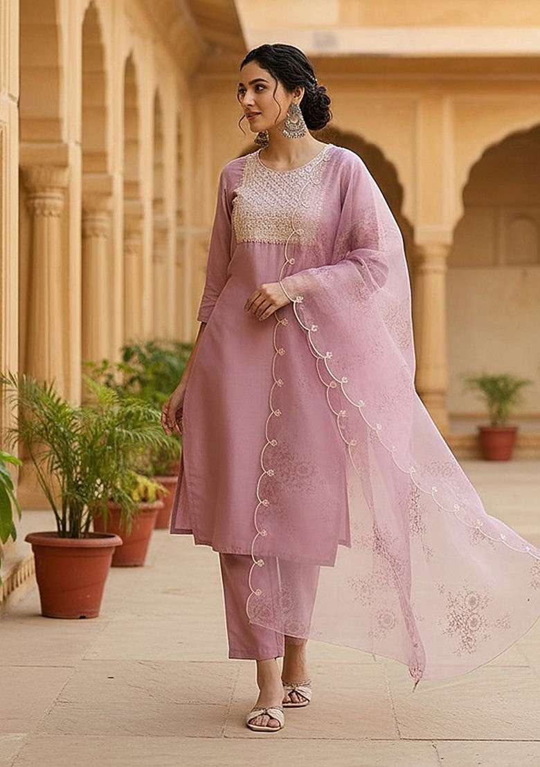 Lavender Embroidered Poly Blended Kurta Sets - Indya