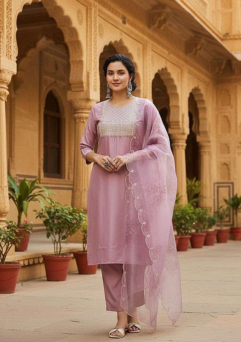 Lavender Embroidered Poly Blended Kurta Sets - Indya
