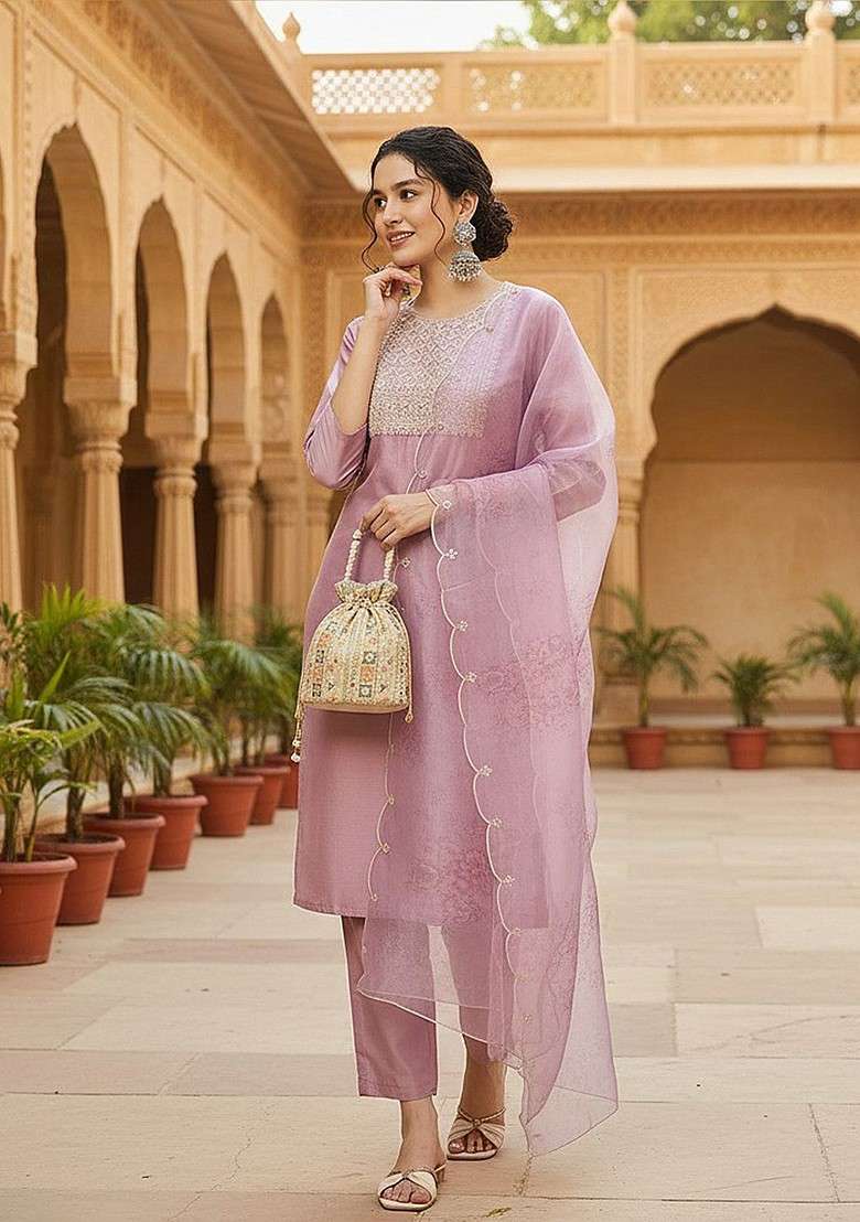 Lavender Embroidered Poly Blended Kurta Sets - Indya