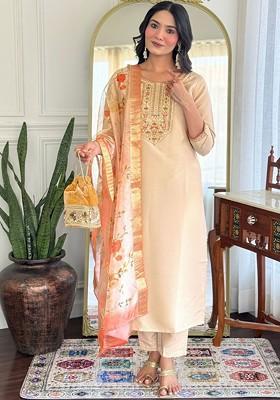 Beige Embroidered Poly Blended Kurta Sets