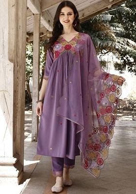 Lavender Embroidered Poly Blended Kurta Sets