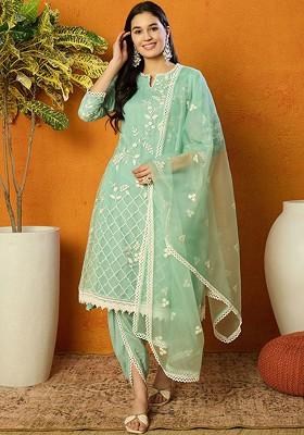Sea Green Embroidered Poly Blended Kurta Sets