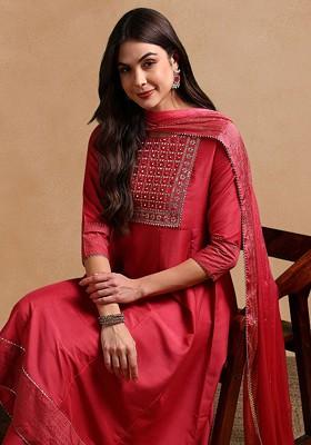 Rose Embroidered Poly Blended Kurta Sets