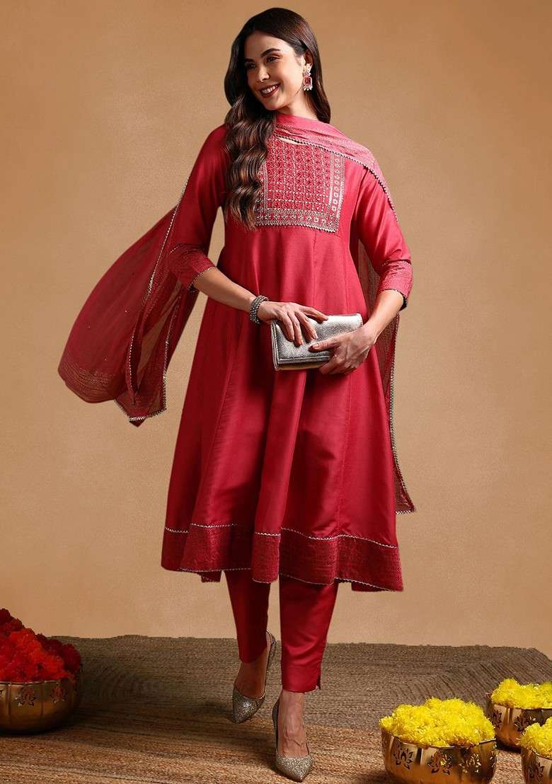Rose Embroidered Poly Blended Kurta Sets - Indya