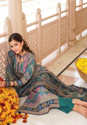 Teal Embroidered Poly Blended Kurta Sets