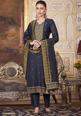 Navy Blue Embroidered Poly Blended Kurta Sets
