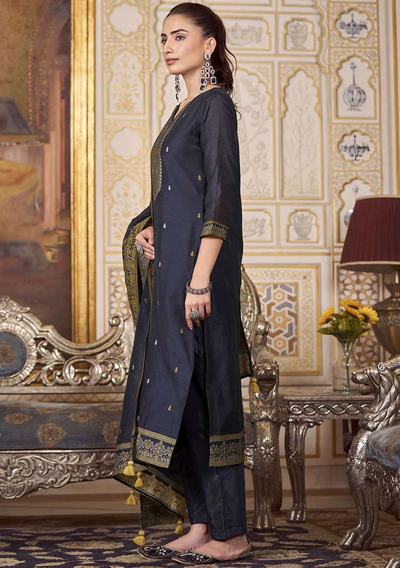 Navy Blue Embroidered Poly Blended Kurta Sets - Indya