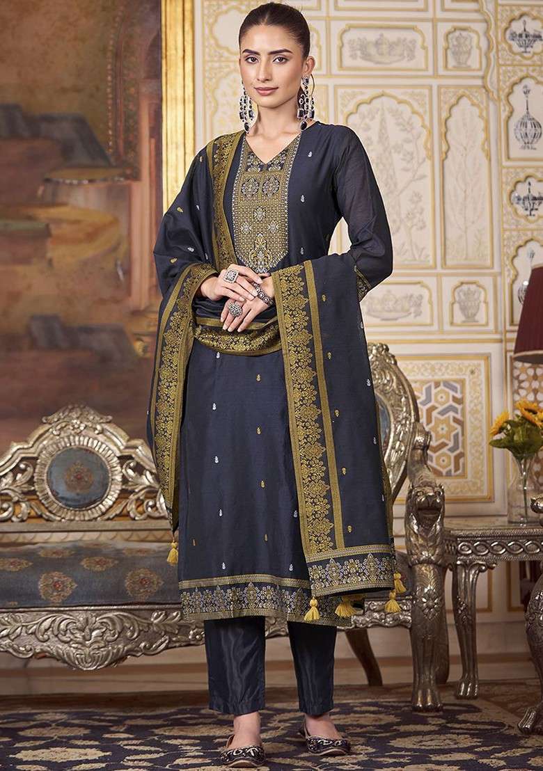 Navy Blue Embroidered Poly Blended Kurta Sets - Indya