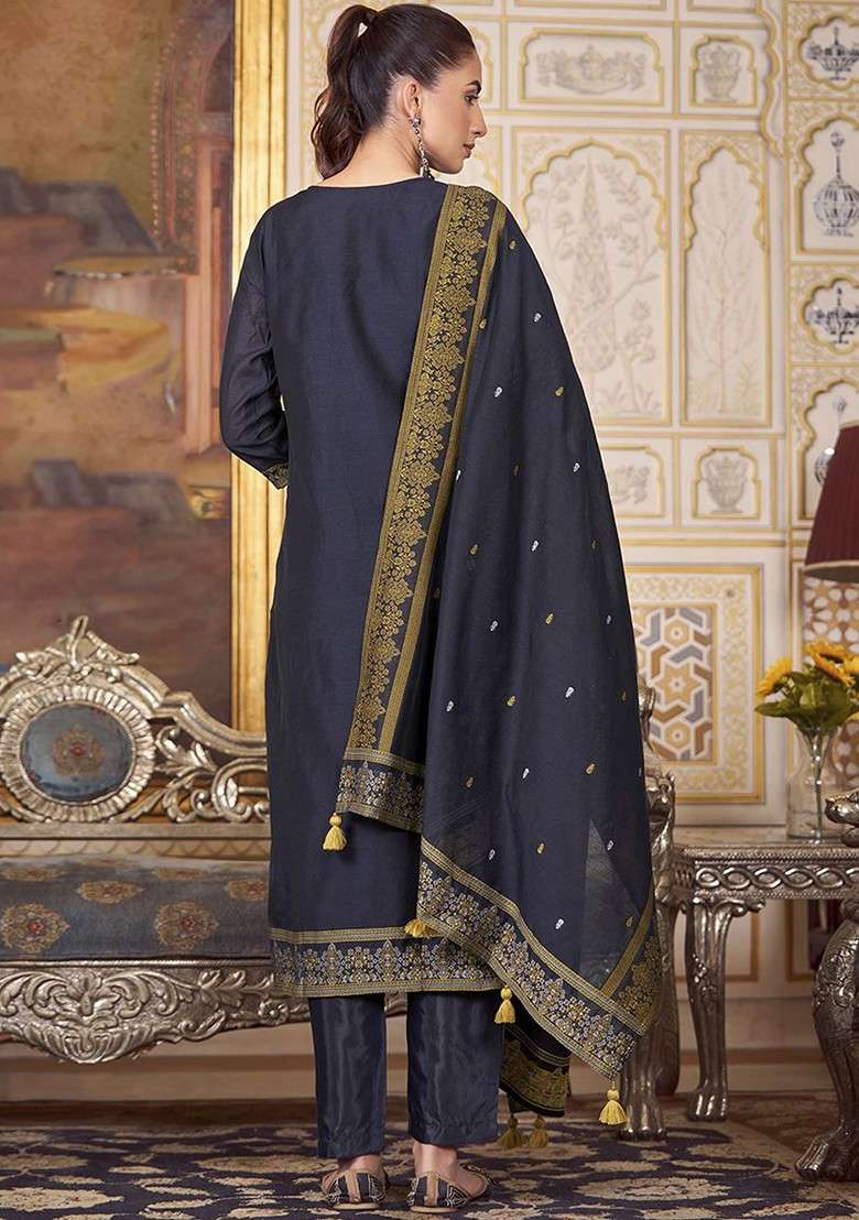 Navy Blue Embroidered Poly Blended Kurta Sets - Indya