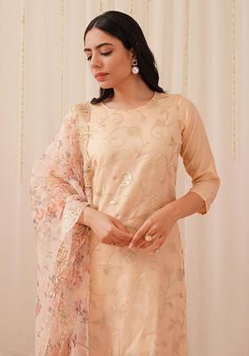 Peach Embroidered Poly Blended Kurta Sets