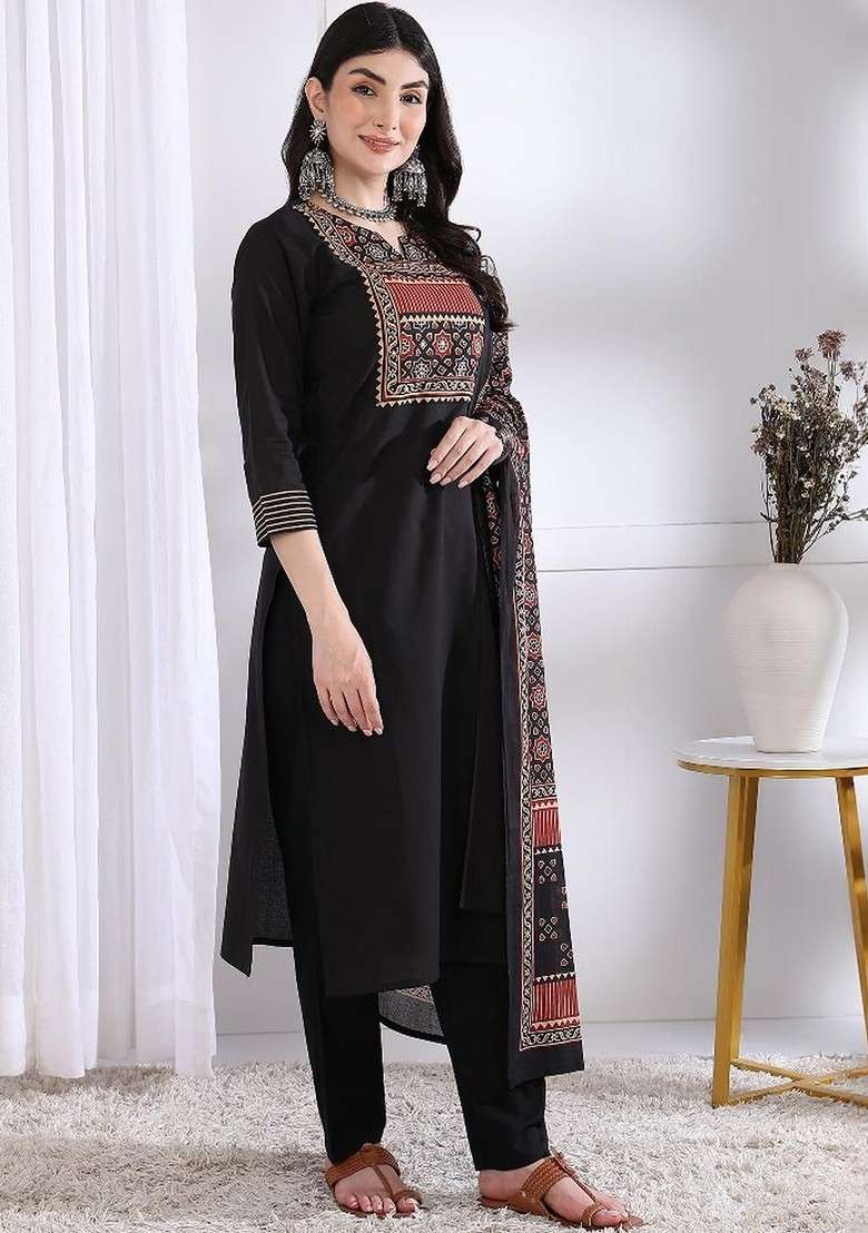 Black Embroidered Poly Blended Kurta Sets - Indya