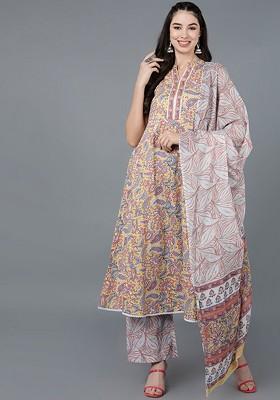 Yellow Embroidered Poly Blended Kurta Sets