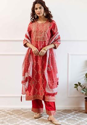 Red Embroidered Poly Blended Kurta Sets