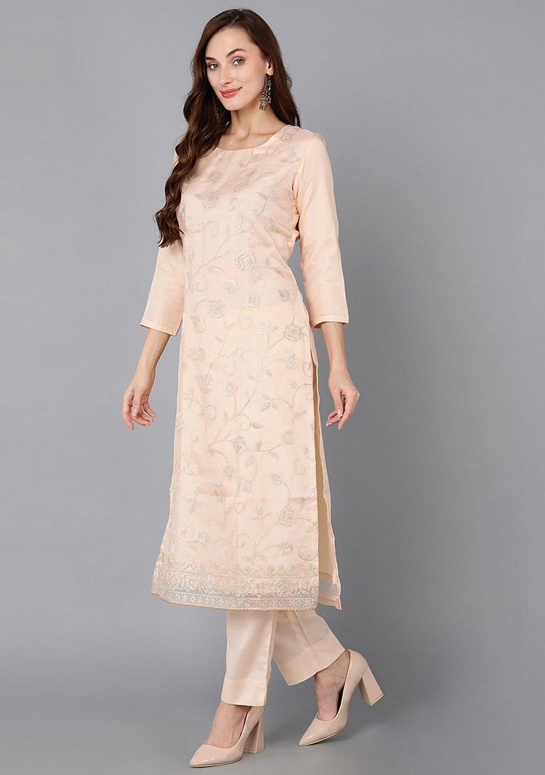 Peach Embroidered Poly Blended Kurta Sets - Indya