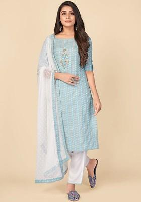 Turquoise Blue Embroidered Poly Blended Kurta Sets