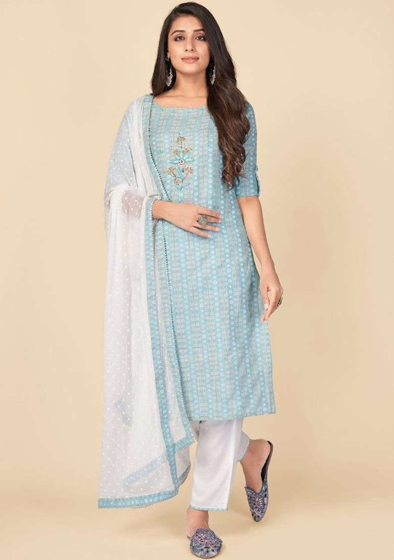 Turquoise Blue Embroidered Poly Blended Kurta Sets - Indya