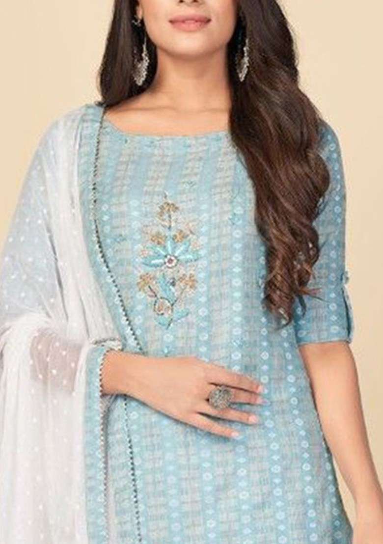 Turquoise Blue Embroidered Poly Blended Kurta Sets - Indya