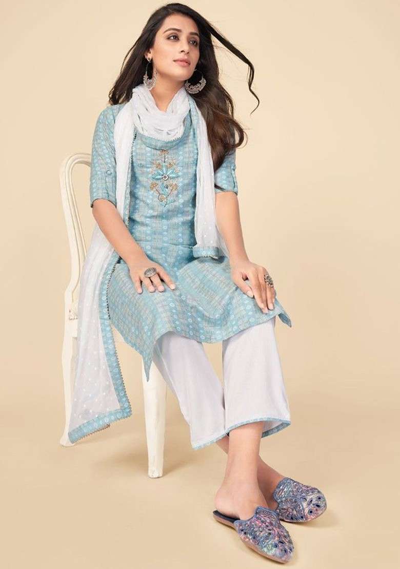 Turquoise Blue Embroidered Poly Blended Kurta Sets - Indya
