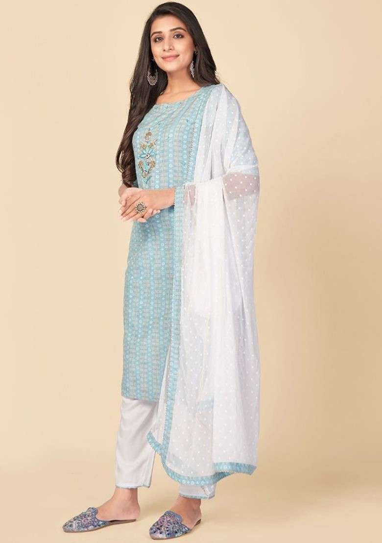 Turquoise Blue Embroidered Poly Blended Kurta Sets - Indya