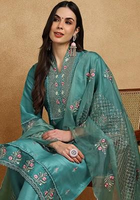Teal Embroidered Poly Blended Kurta Sets