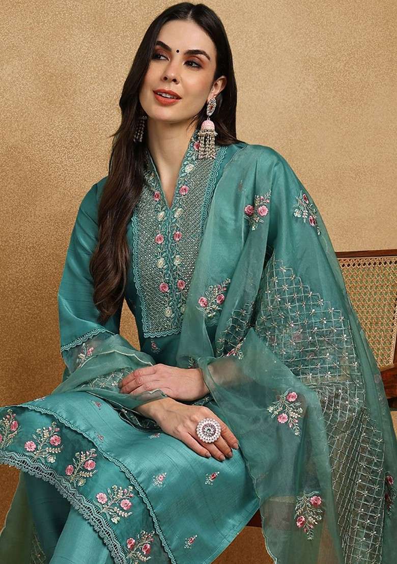 Teal Embroidered Poly Blended Kurta Sets - Indya